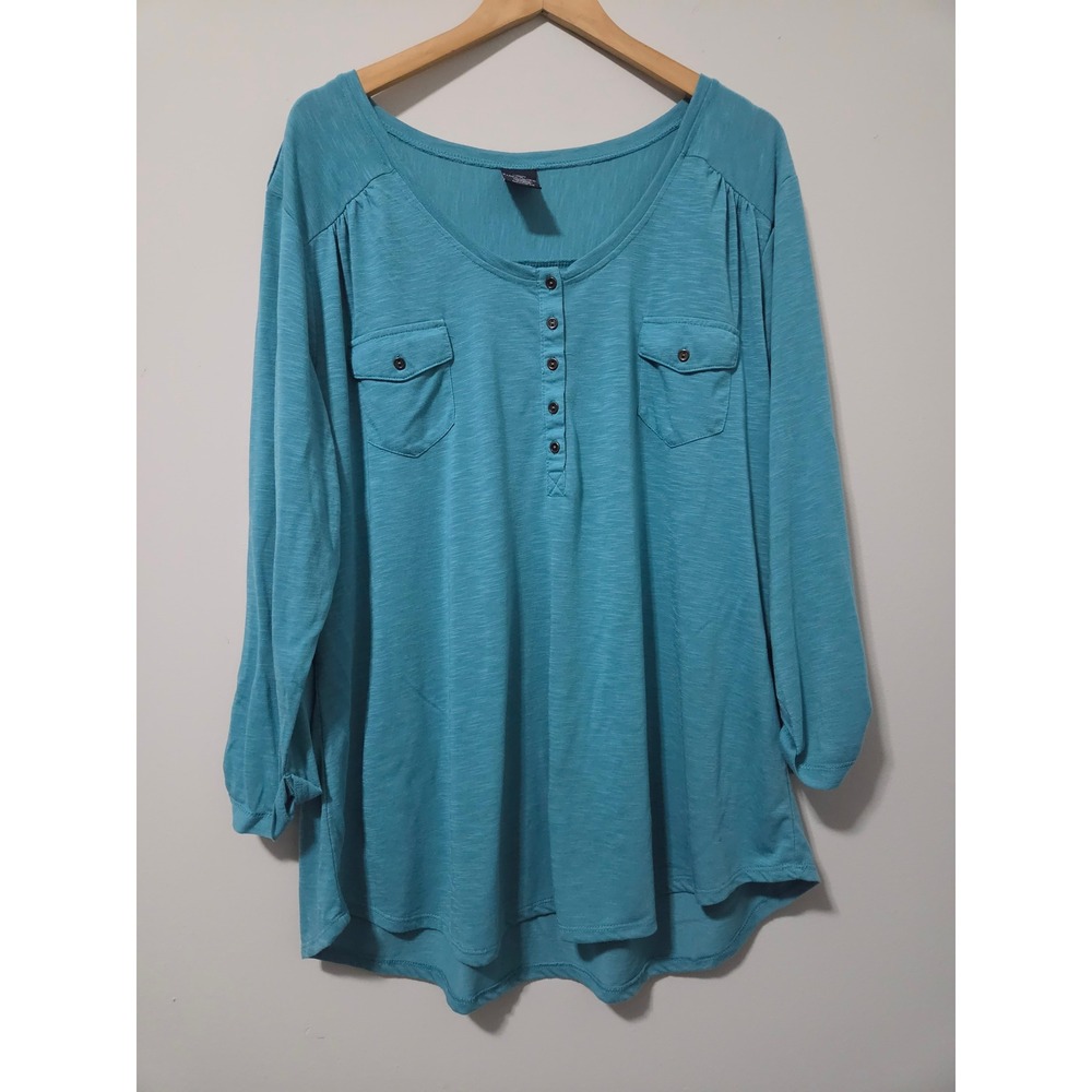 Faded Glory‎ Women 4X Teal Blue Henley Long Sleeve Roll Tab Pocket Top Plus Size
